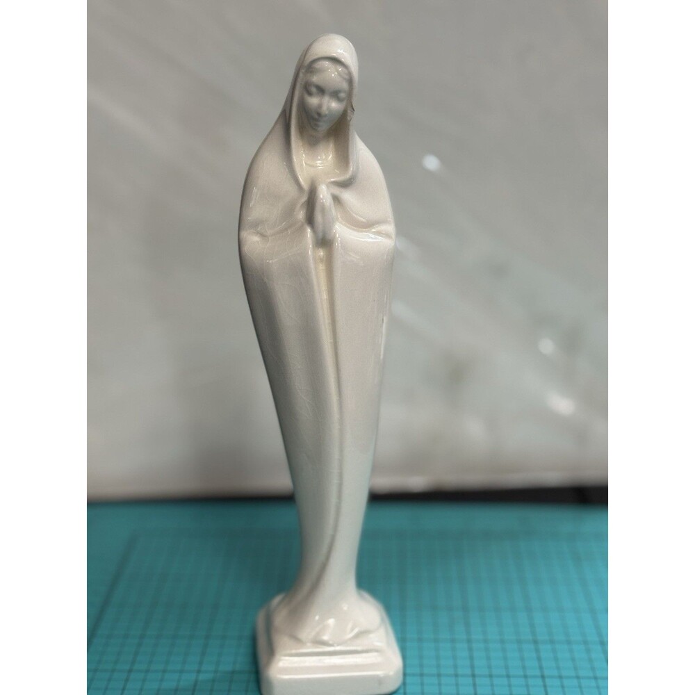 Vintage Mid Century Modern Virgin Mary Madonna White Ceramic Statue 9” Glossy